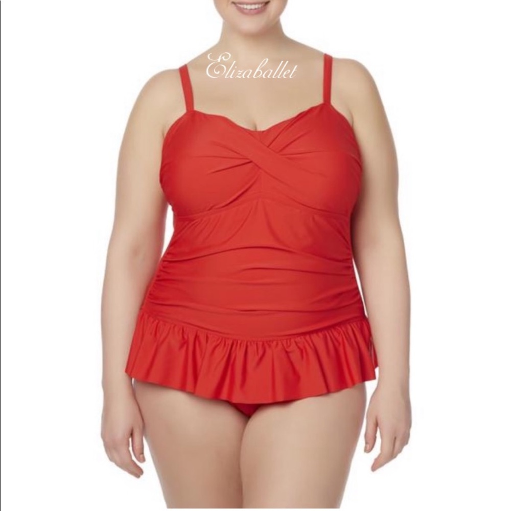 NWT Tropical Escape Ruffle Ruched Red Swimsuit 22W